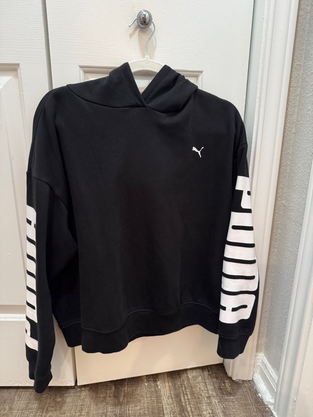 Puma Women’s Black Hoodie with White Sleeve Logo- Size Small